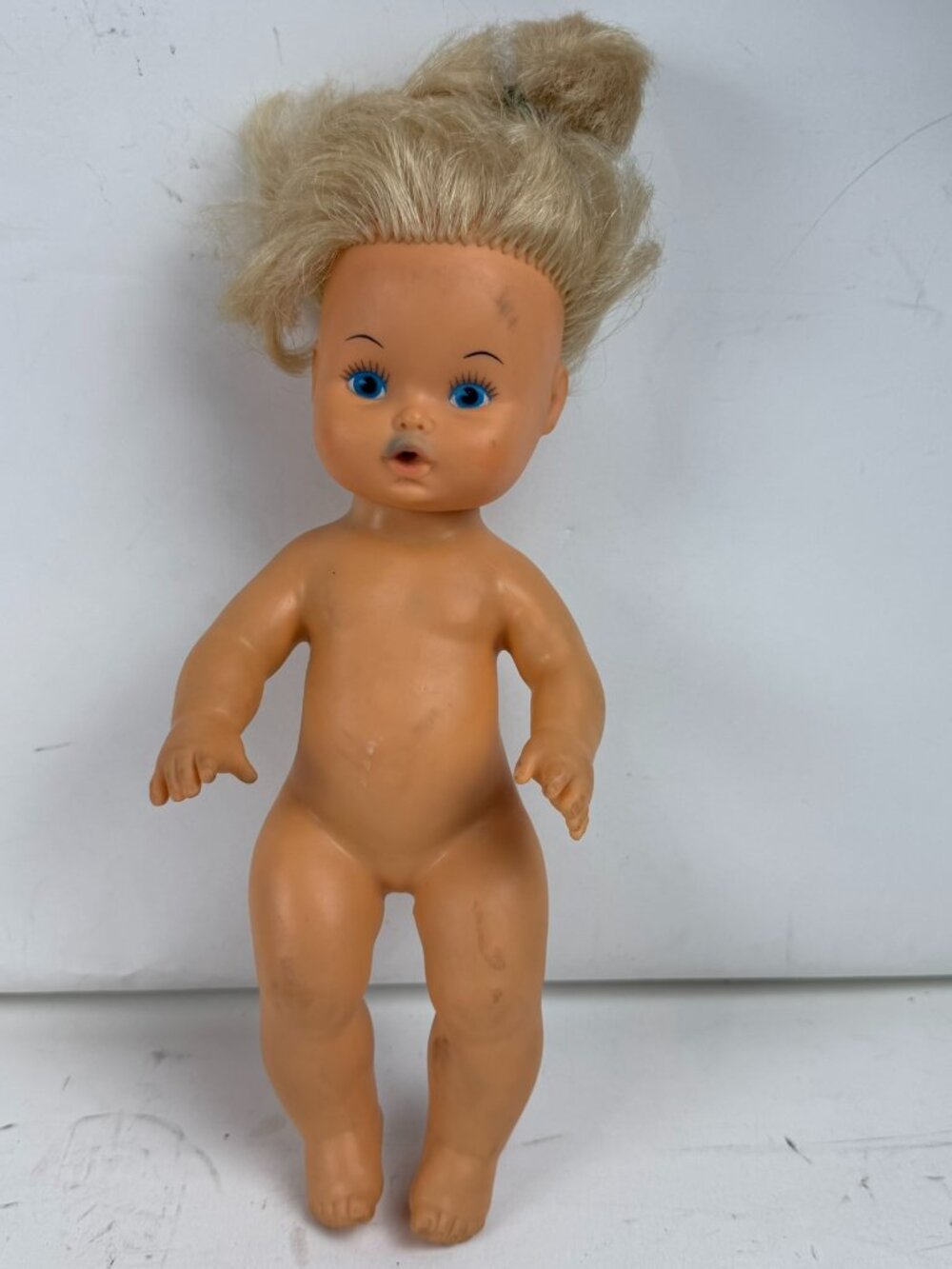 Vintage Hong Kong Playmates 11" Vinyl Baby Doll Blonde Squeak Toy